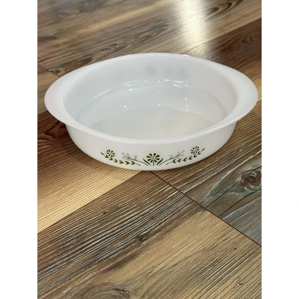 Glasbake white green flowers Casserole Dish J-2429  8 inch.  No lid.  Vintage